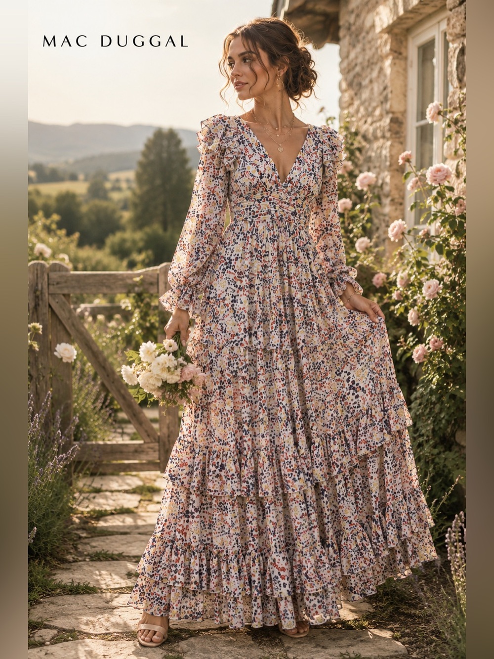Mac Duggal Floral Ruffle Tiered Maxi Dress Size 12 NWT Romantic Wedding Guest A6